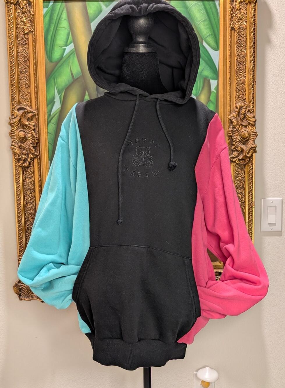 Teddy Fresh Pastel Color Block Hoodie Black Pink Blue Bear Embroidered Mens M